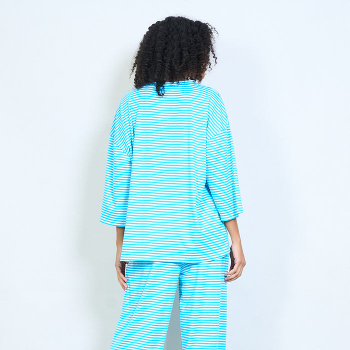 Striped graphic "Smile" embroidered star round neck 3/4 sleeve knit top wholesale