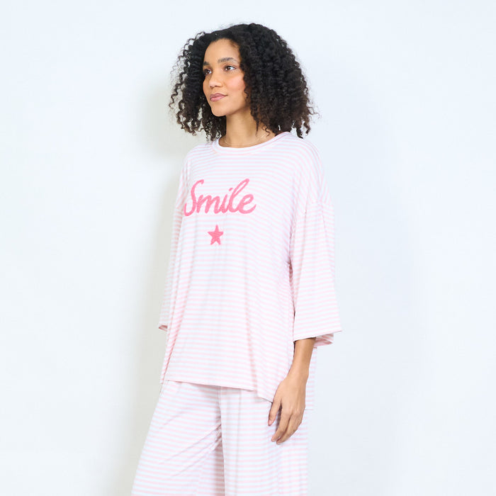 Striped graphic "Smile" embroidered star round neck 3/4 sleeve knit top wholesale