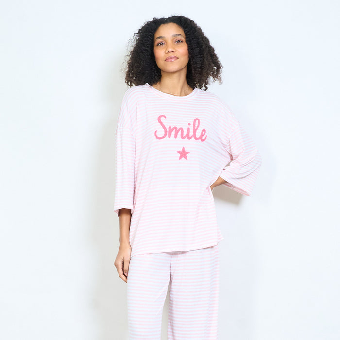 Striped graphic "Smile" embroidered star round neck 3/4 sleeve knit top wholesale