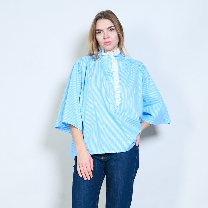 Striped lace detail button blouse wholesale