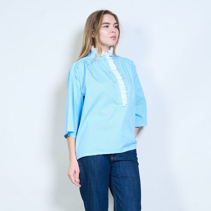 Striped lace detail button blouse wholesale