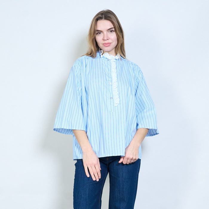 Striped lace ruffle stand collar blouse wholesale