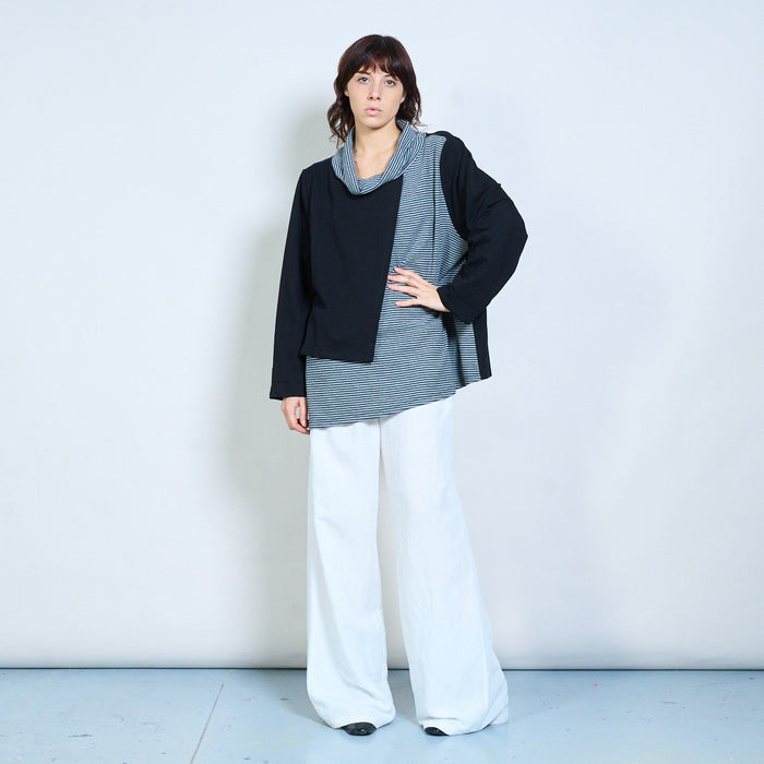 Striped mixed-panel cowl-neck asymmetric long-sleeve top wholesale