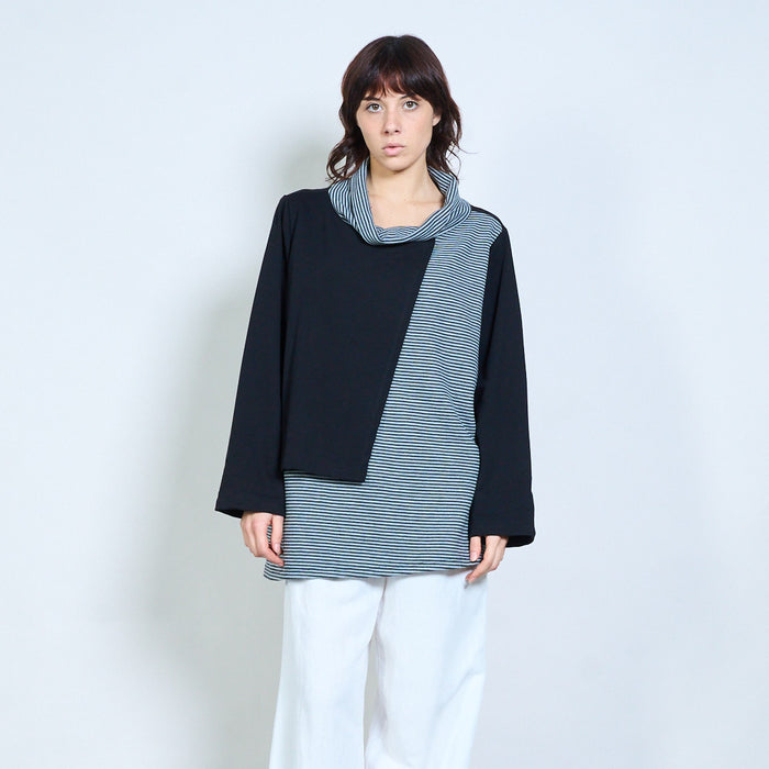 Striped mixed-panel cowl-neck asymmetric long-sleeve top wholesale