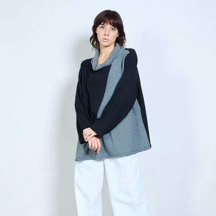 Striped mixed-panel cowl-neck asymmetric long-sleeve top wholesale