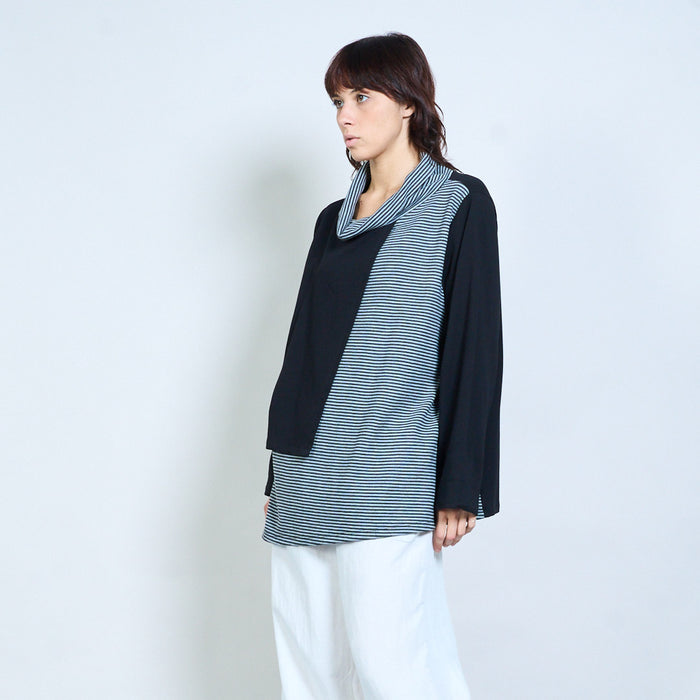 Striped mixed-panel cowl-neck asymmetric long-sleeve top wholesale