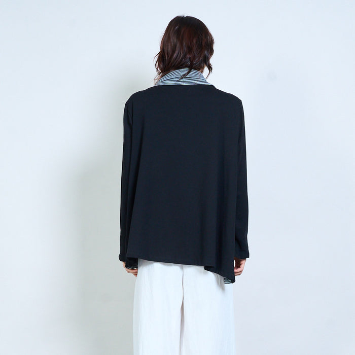Striped mixed-panel cowl-neck asymmetric long-sleeve top wholesale