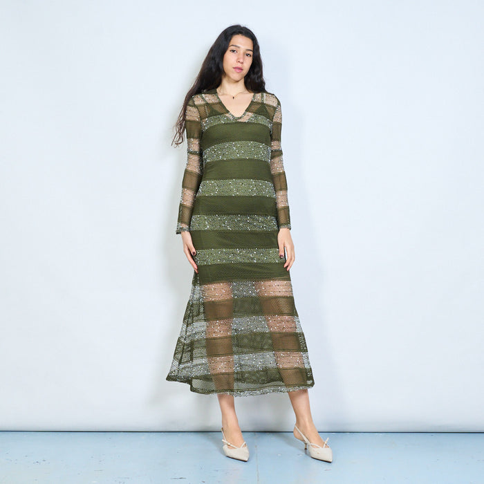 Striped open knit long sleeve maxi dress wholesale