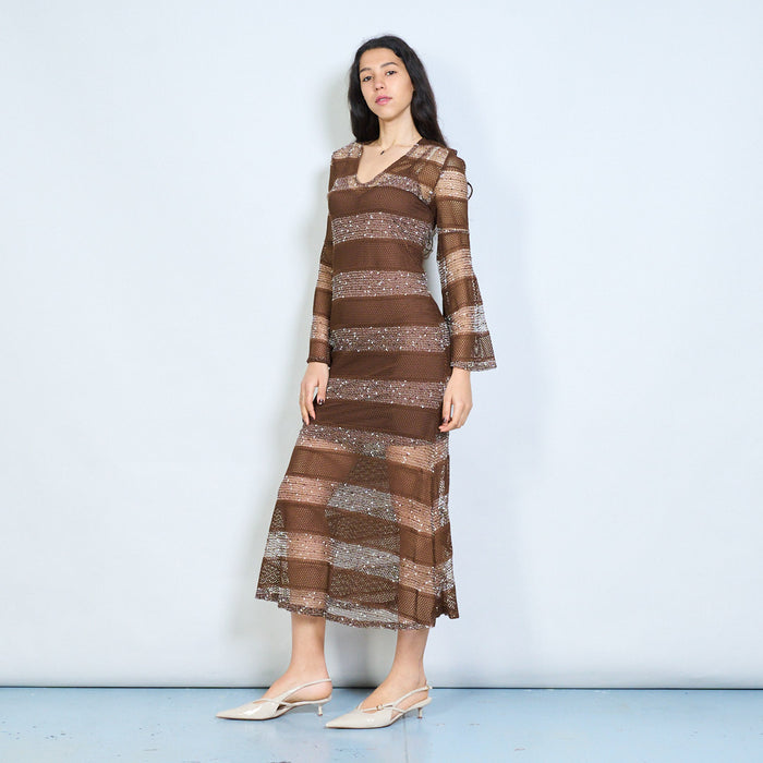 Striped open knit long sleeve maxi dress wholesale