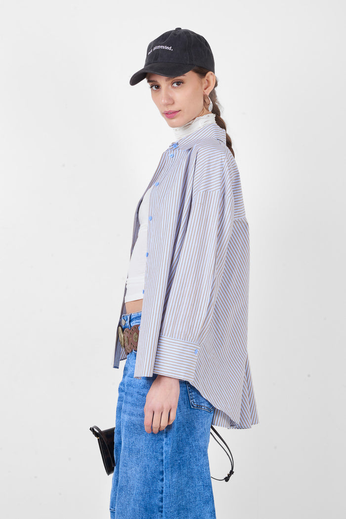 Striped printed button front collared long sleeve relaxed fit shirt wholesale