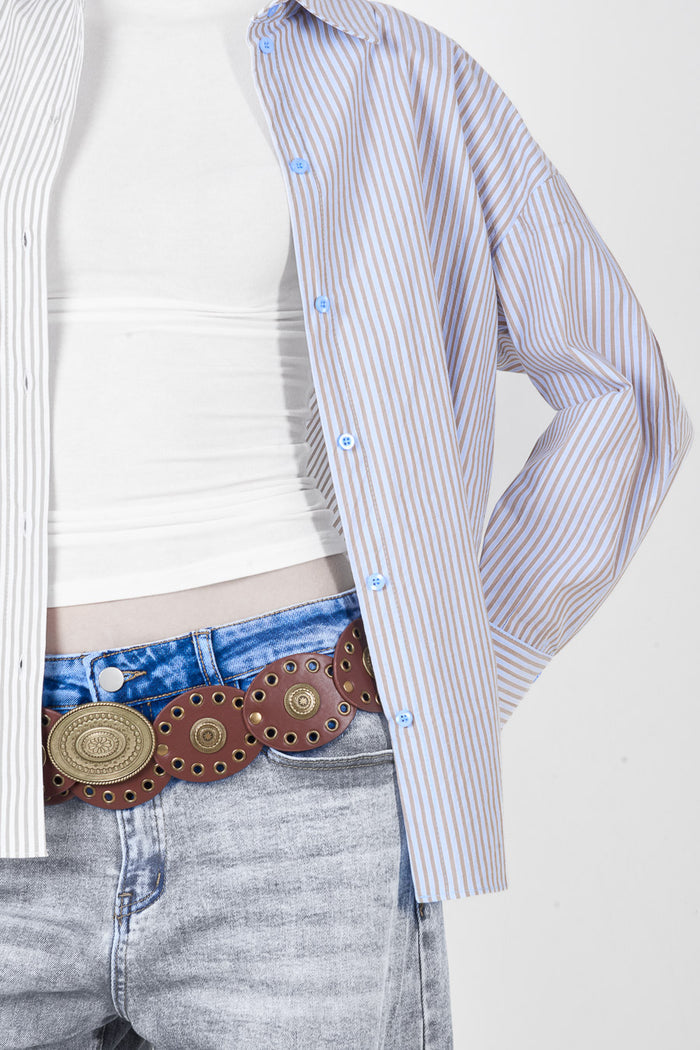 Striped printed button front collared long sleeve relaxed fit shirt wholesale