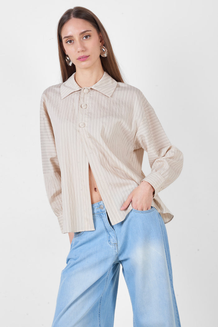 Striped printed button front collared long sleeve relaxed shirt wholesale