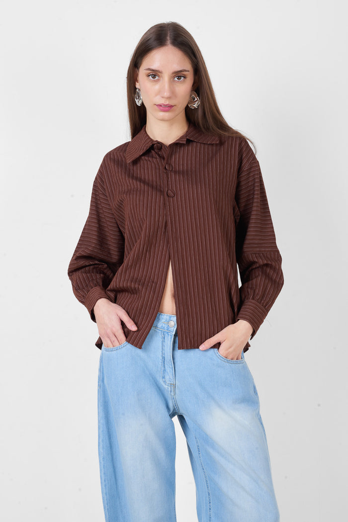 Striped printed button front collared long sleeve relaxed shirt wholesale