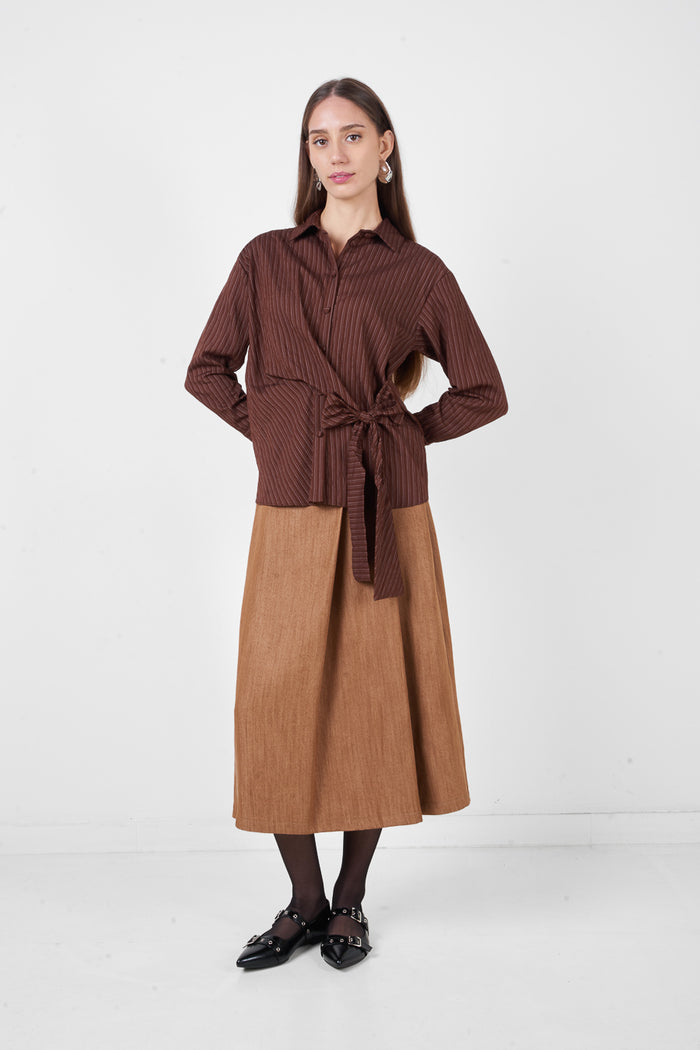 Striped printed tie front collared long sleeve fitted shirt wholesale