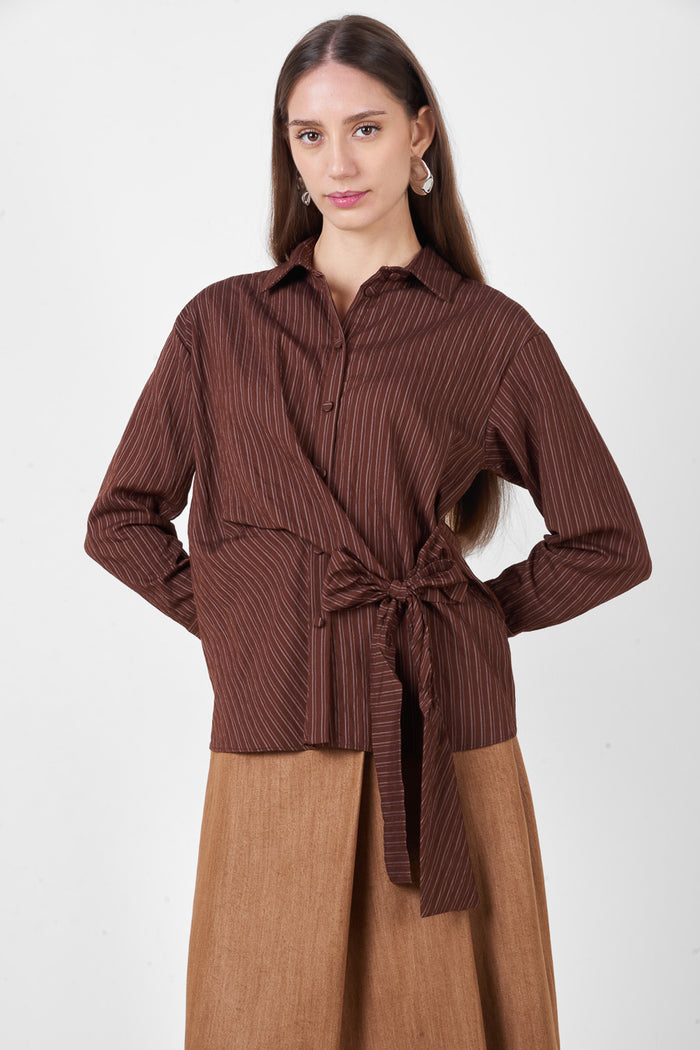 Striped printed tie front collared long sleeve fitted shirt wholesale