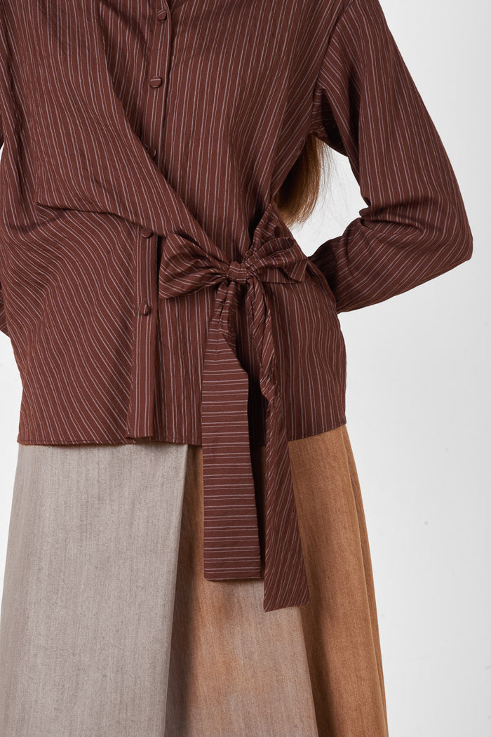 Striped printed tie front collared long sleeve fitted shirt wholesale
