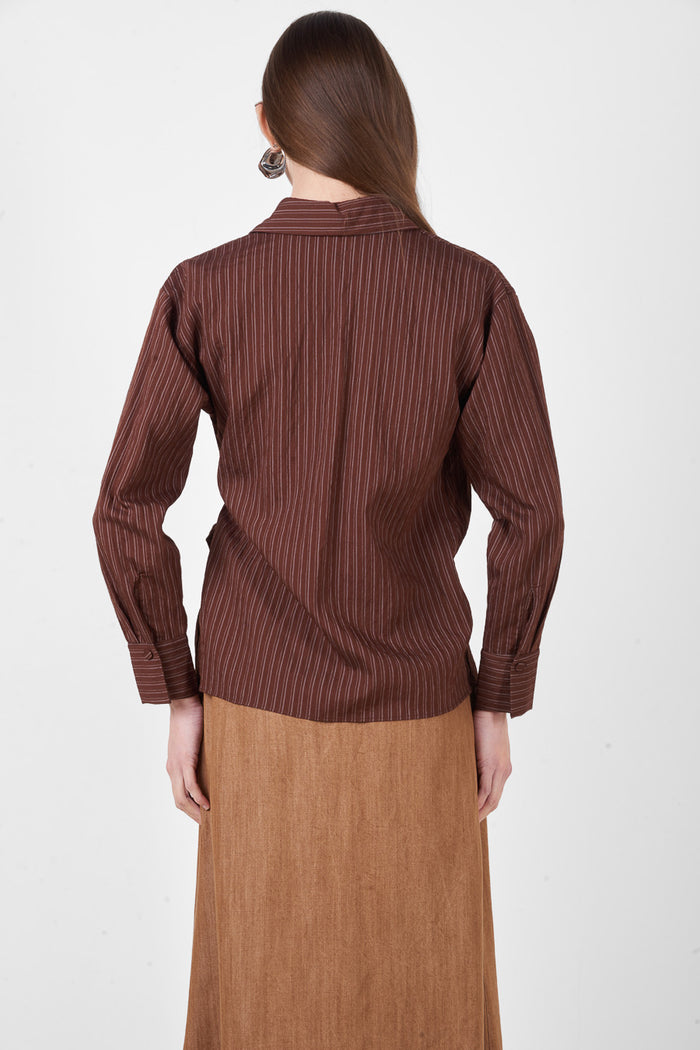 Striped printed tie front collared long sleeve fitted shirt wholesale