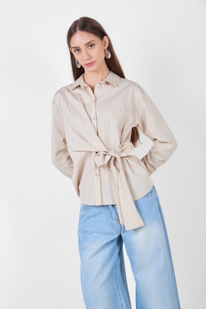 Striped printed tie front collared long sleeve fitted shirt wholesale