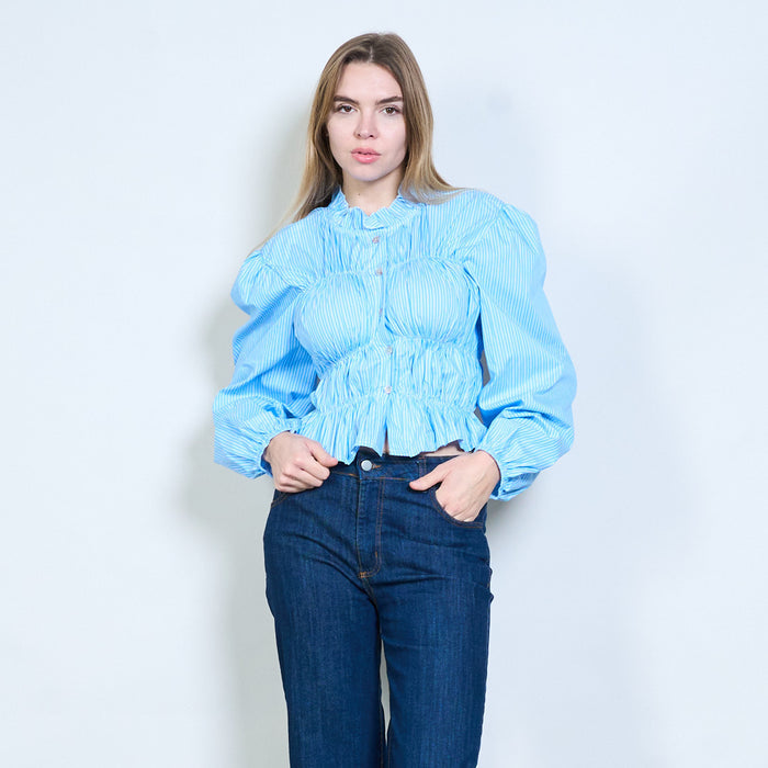 Striped ruffle collar shirred button blouse wholesale