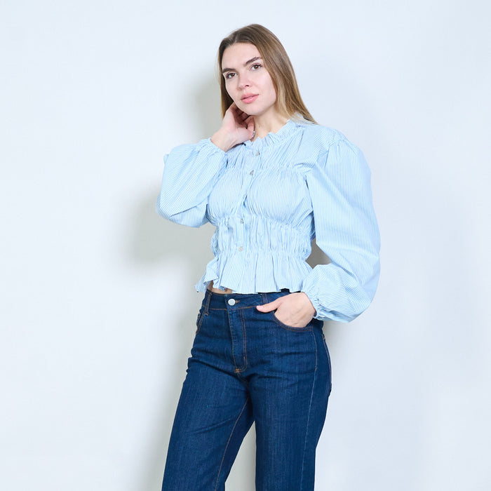 Striped ruffle collar shirred waist blouse wholesale