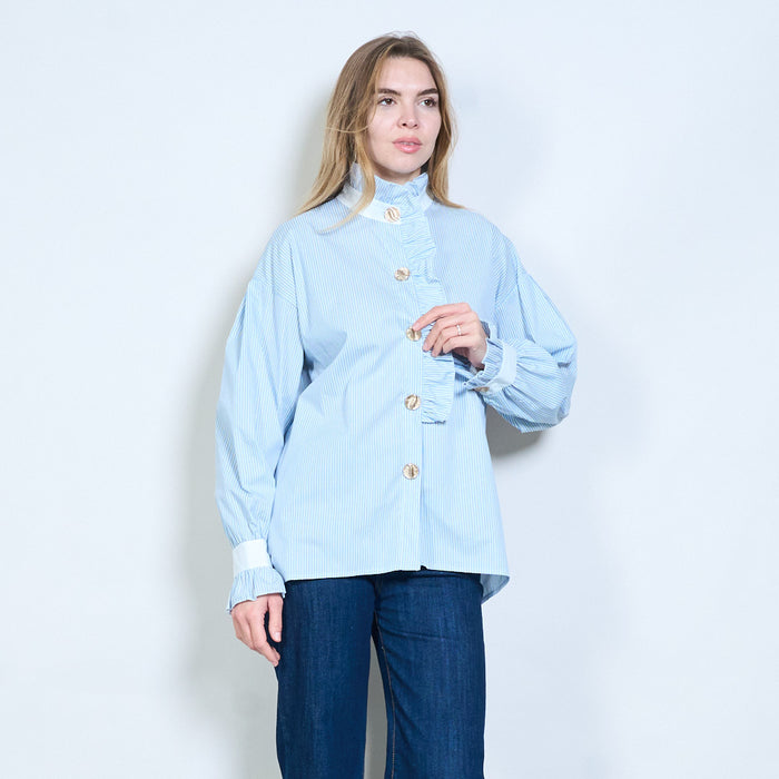 Striped ruffle placket button blouse wholesale