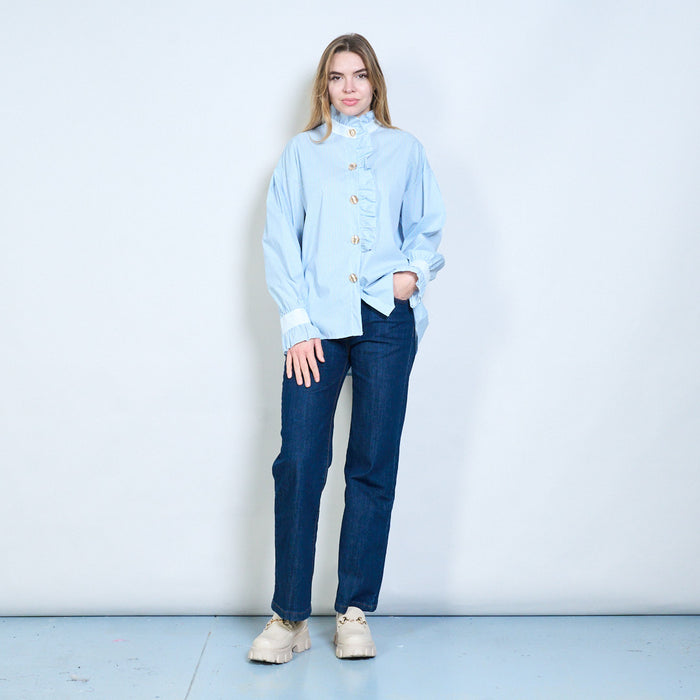 Striped ruffle placket button blouse wholesale
