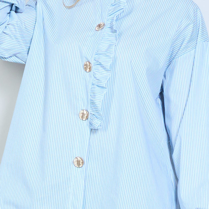 Striped ruffle placket button blouse wholesale