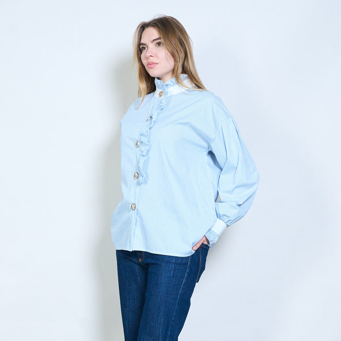 Striped ruffle placket button blouse wholesale