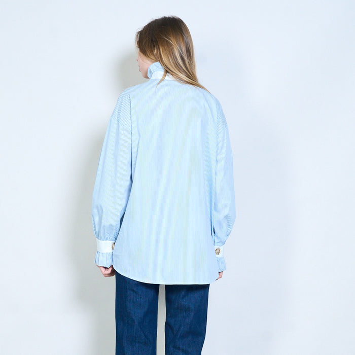 Striped ruffle placket button blouse wholesale