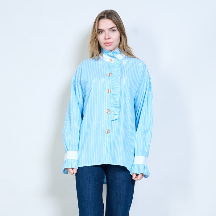 Striped ruffle stand collar button blouse wholesale
