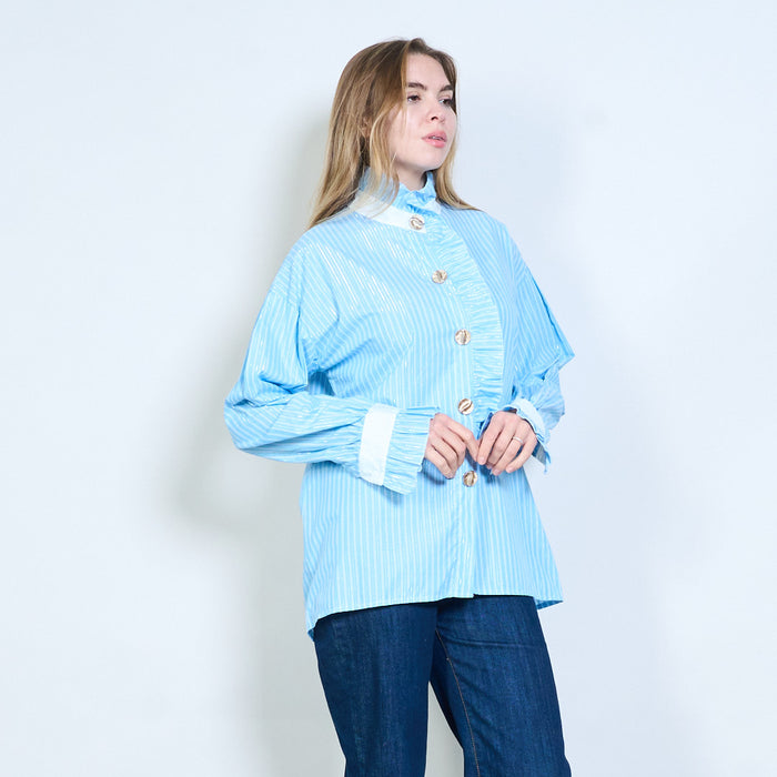 Striped ruffle stand collar button blouse wholesale