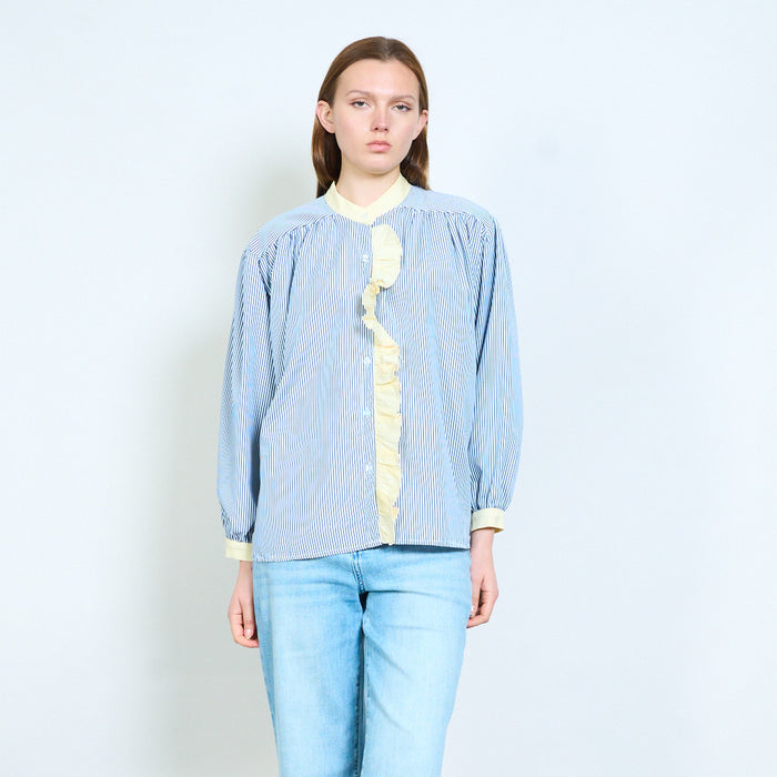 Striped shirt with ruffled front detail and contrast neckline wholesale