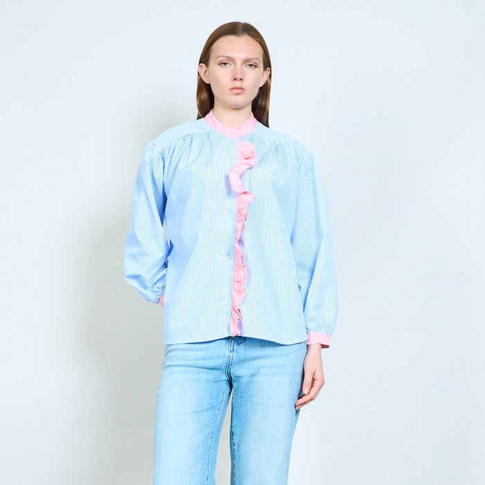 Striped shirt with ruffled front detail and contrast neckline wholesale