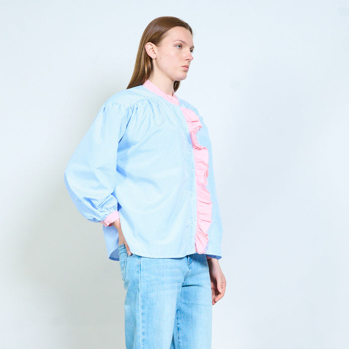 Striped shirt with ruffled front detail and contrast neckline wholesale