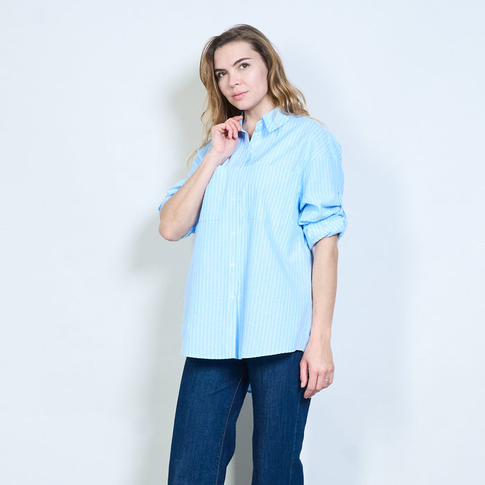 Striped structured pocket detail roll sleeve shirt wholesale