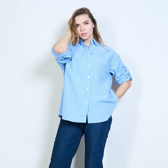 Striped structured pocket detail roll sleeve shirt wholesale