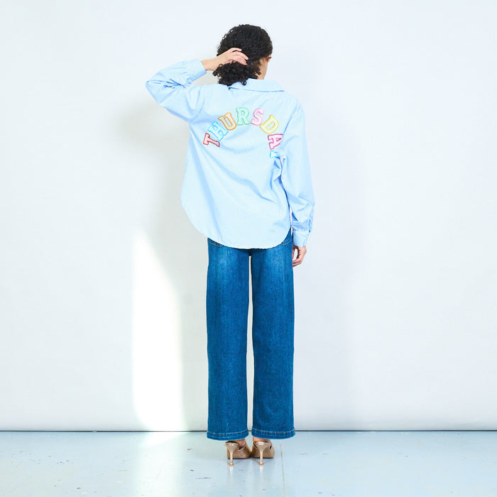 Striped "Thursday" embroidered back letter graphic button up blouse wholesale