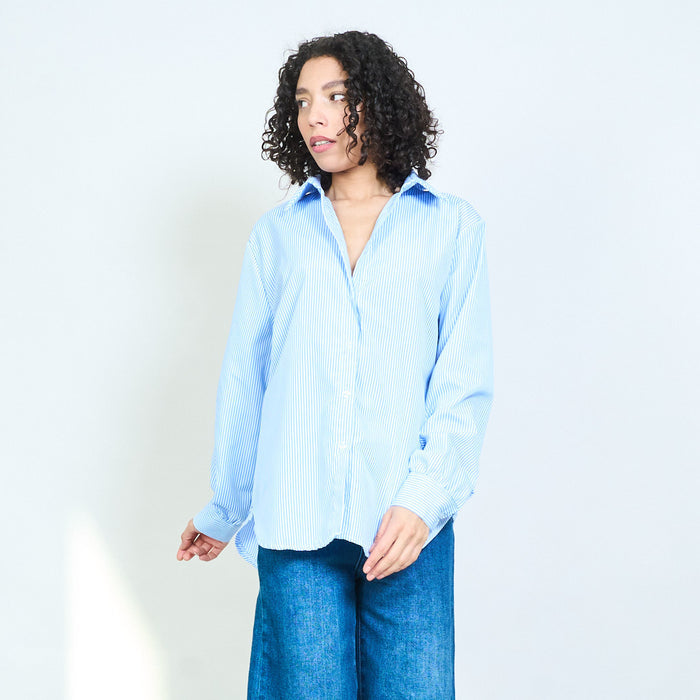 Striped "Thursday" embroidered back letter graphic button up blouse wholesale