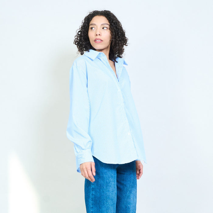 Striped "Thursday" embroidered back letter graphic button up blouse wholesale