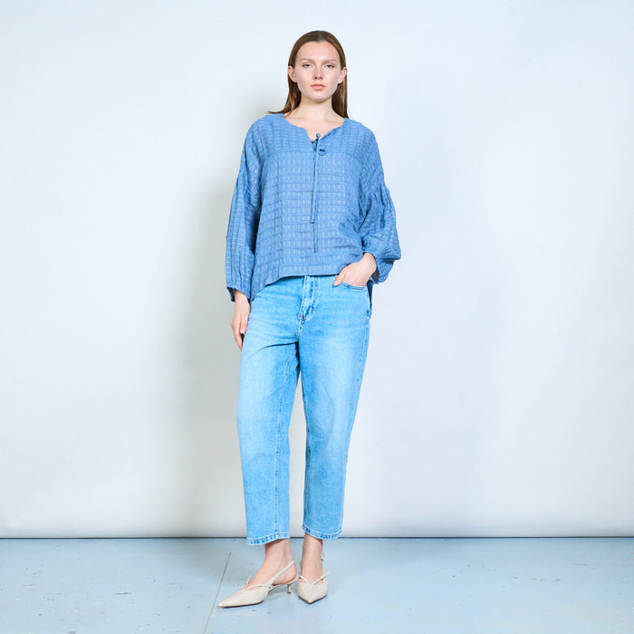 Striped tie neck layered hem long sleeve casual top wholesale