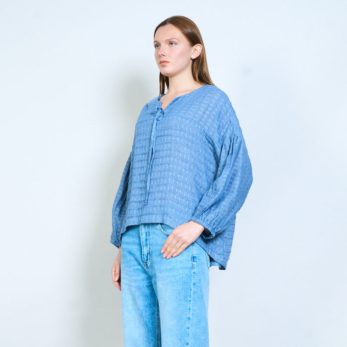 Striped tie neck layered hem long sleeve casual top wholesale