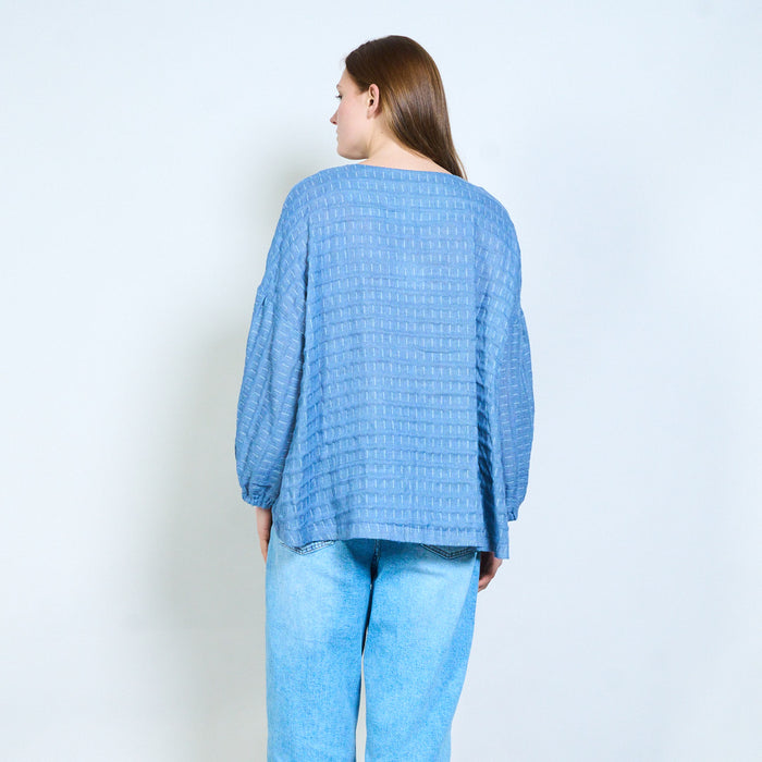Striped tie neck layered hem long sleeve casual top wholesale