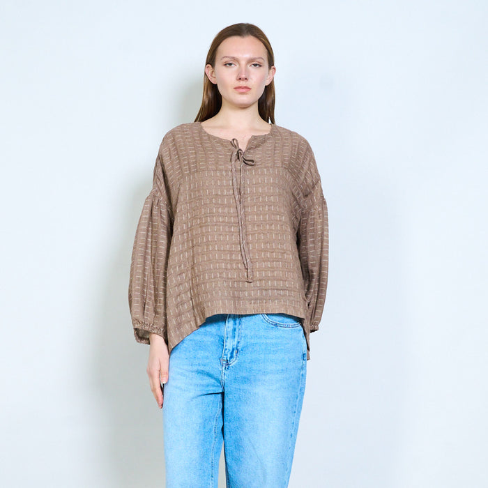 Striped tie neck layered hem long sleeve casual top wholesale