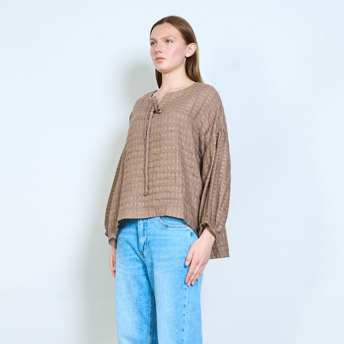 Striped tie neck layered hem long sleeve casual top wholesale