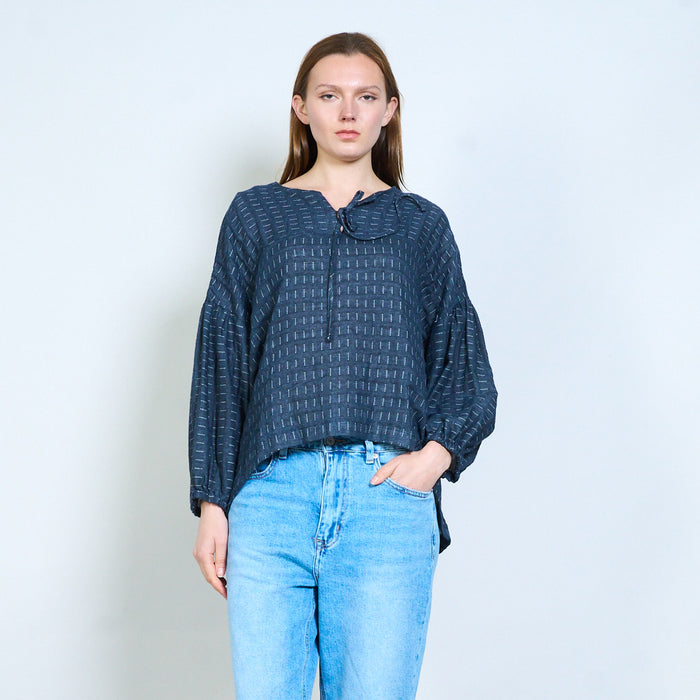 Striped tie neck layered hem long sleeve casual top wholesale