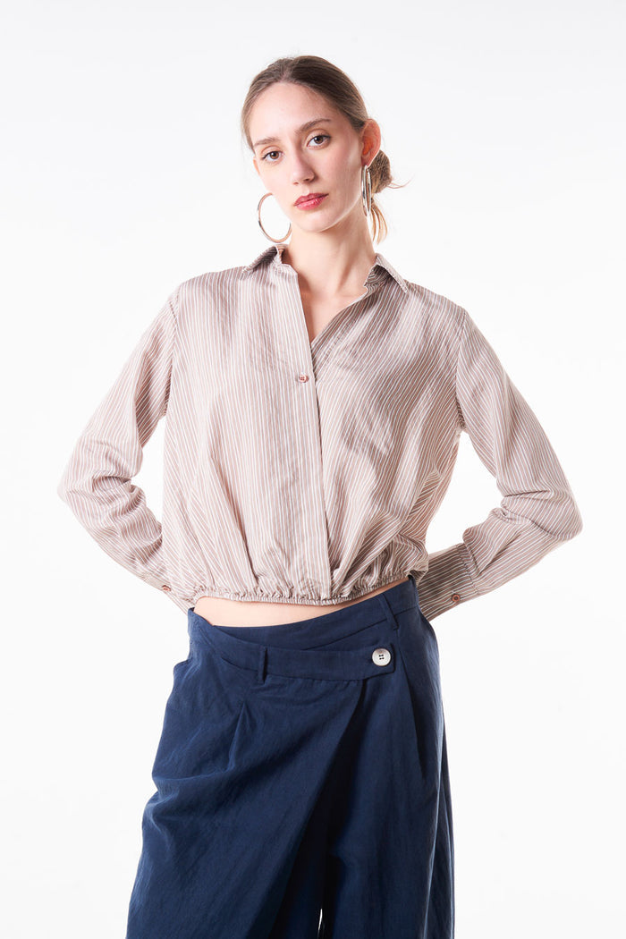 Striped wrap style cropped blouse with collar neckline and elastic hem wholesale