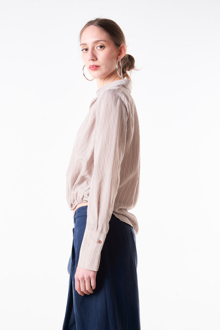 Striped wrap style cropped blouse with collar neckline and elastic hem wholesale