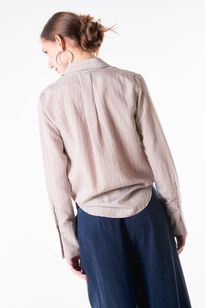 Striped wrap style cropped blouse with collar neckline and elastic hem wholesale