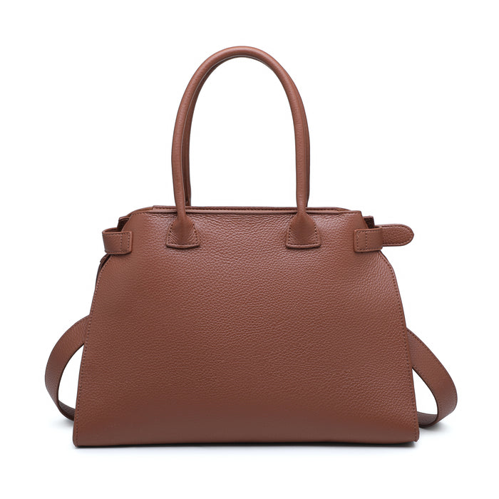 Structured faux leather top handle bag with buckle detail wholesale