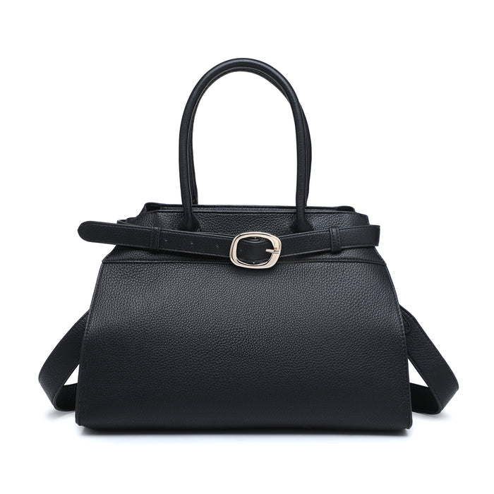 Structured faux leather top handle bag with buckle detail wholesale